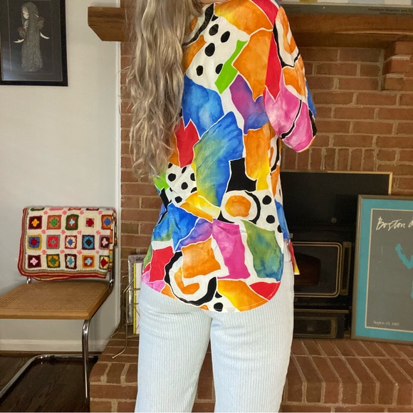 Vintage 80s 90s Studio Image Abstract Print Art Rainbow Top High Neck Cr… - Picture 4 of 12